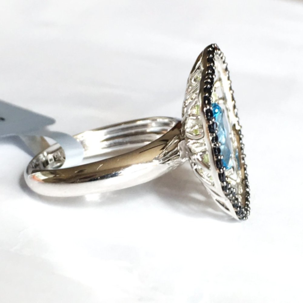 Swiss Blue Topaz .925 Cocktail Ring Peridot Black Spinel Sterling Silver Genuine - Picture 4 of 15